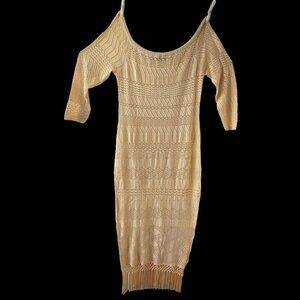 Fashion to Figure Nude Pointelle Knit Long Dress Sz 3X Tassle Hem Sheath 3/4 Slv